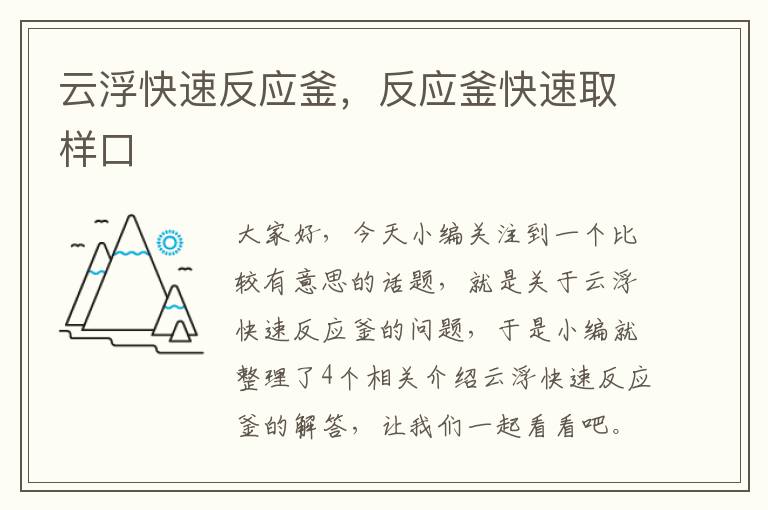 云浮快速反应釜,反应釜快速取样口