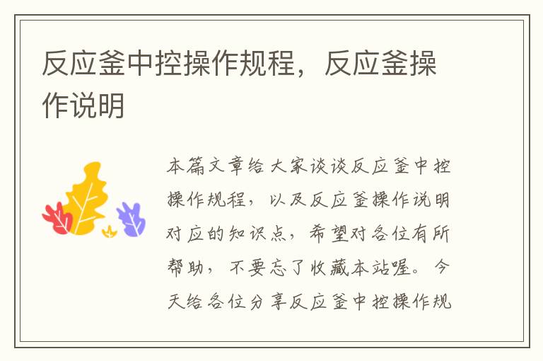 反应釜中控操作规程,反应釜操作说明