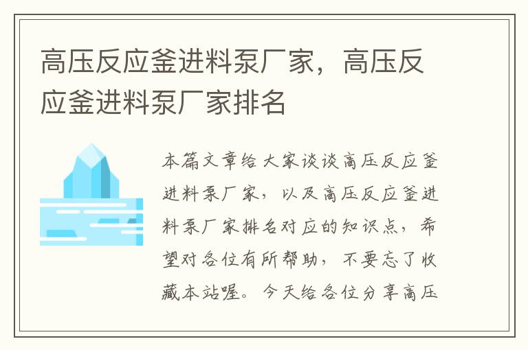 高压反应釜进料泵厂家,高压反应釜进料泵厂家排名