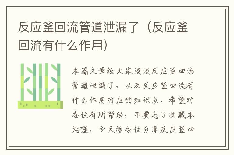 反应釜回流管道泄漏了(反应釜回流有什么作用)