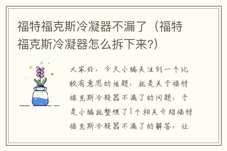 福特福克斯冷凝器不漏了(福特福克斯冷凝器怎么拆下来?)